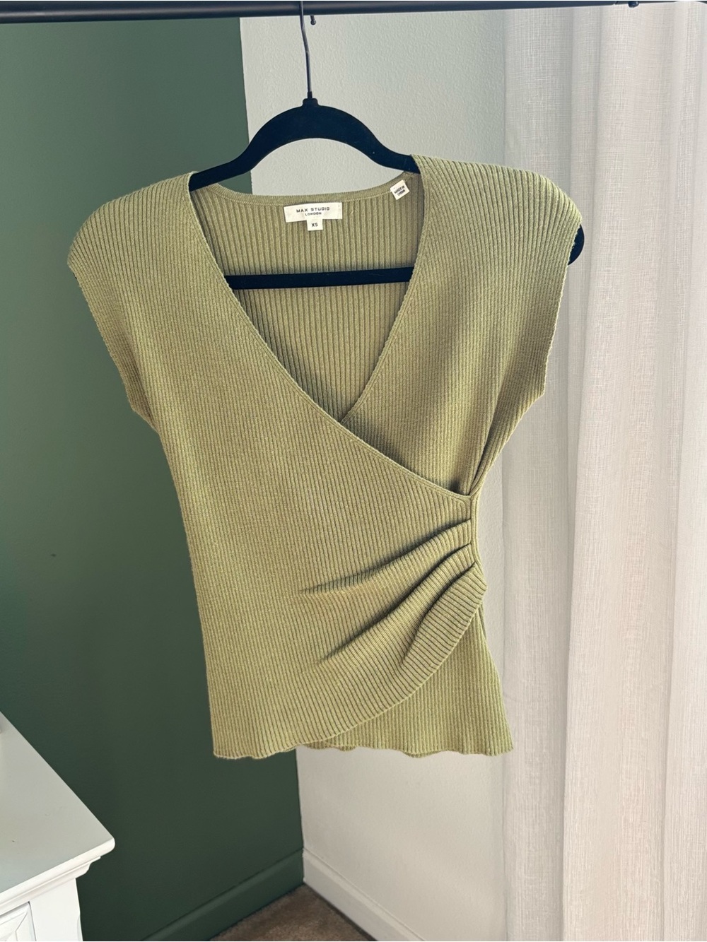 Max Studio Olive Green Ribbed Wrap-Style Short Sleeve Top